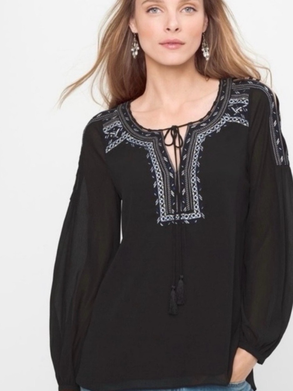 Embroidered Boho Peasant Blouse Cold Shoulder White House Black Market Black 10